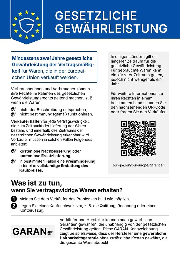 Hinweis zur gesetzlichen Gewährleistung von mindestens zwei Jahren